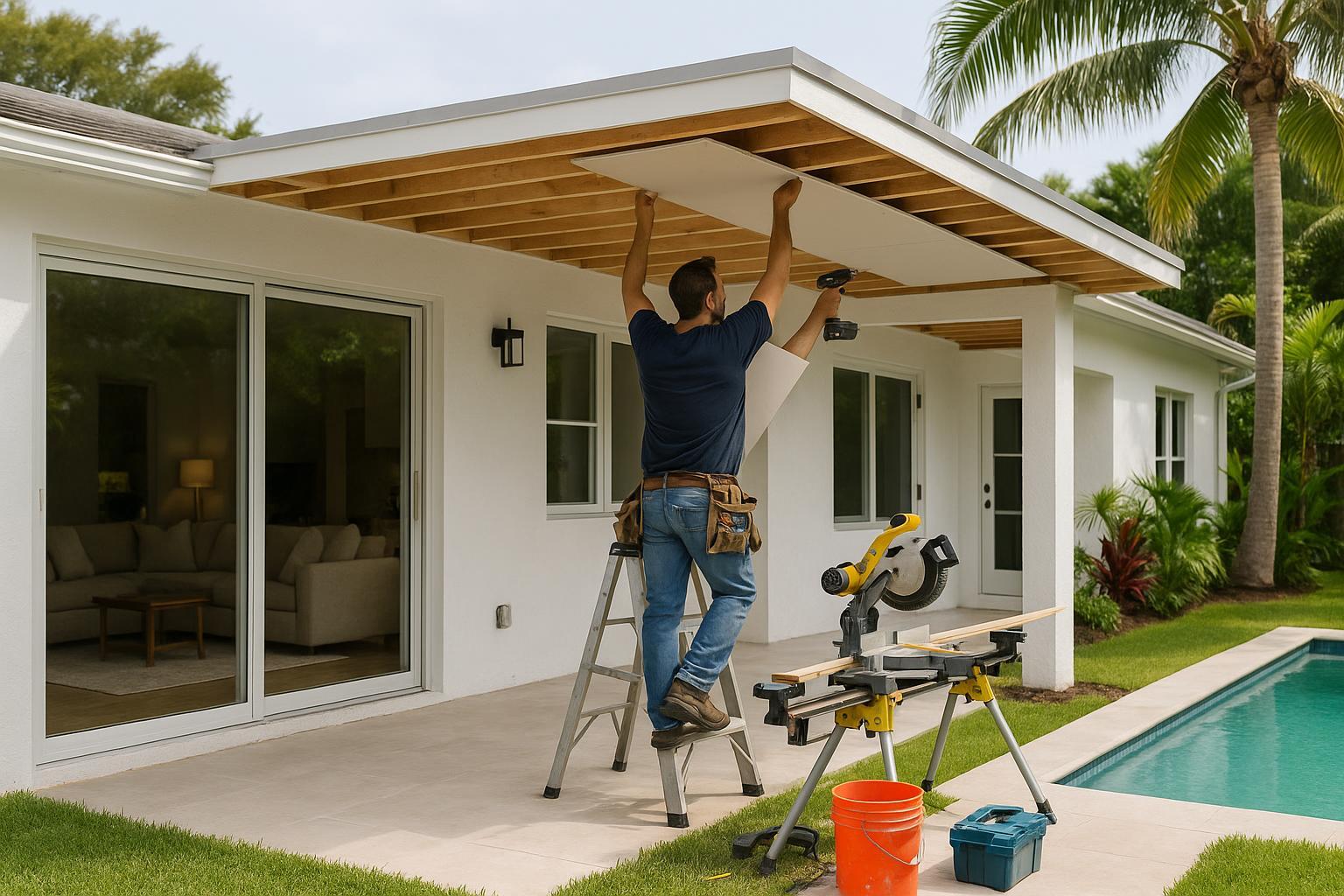 A1 Round Rock crew installing insulated aluminum roof panels on an attached patio cover