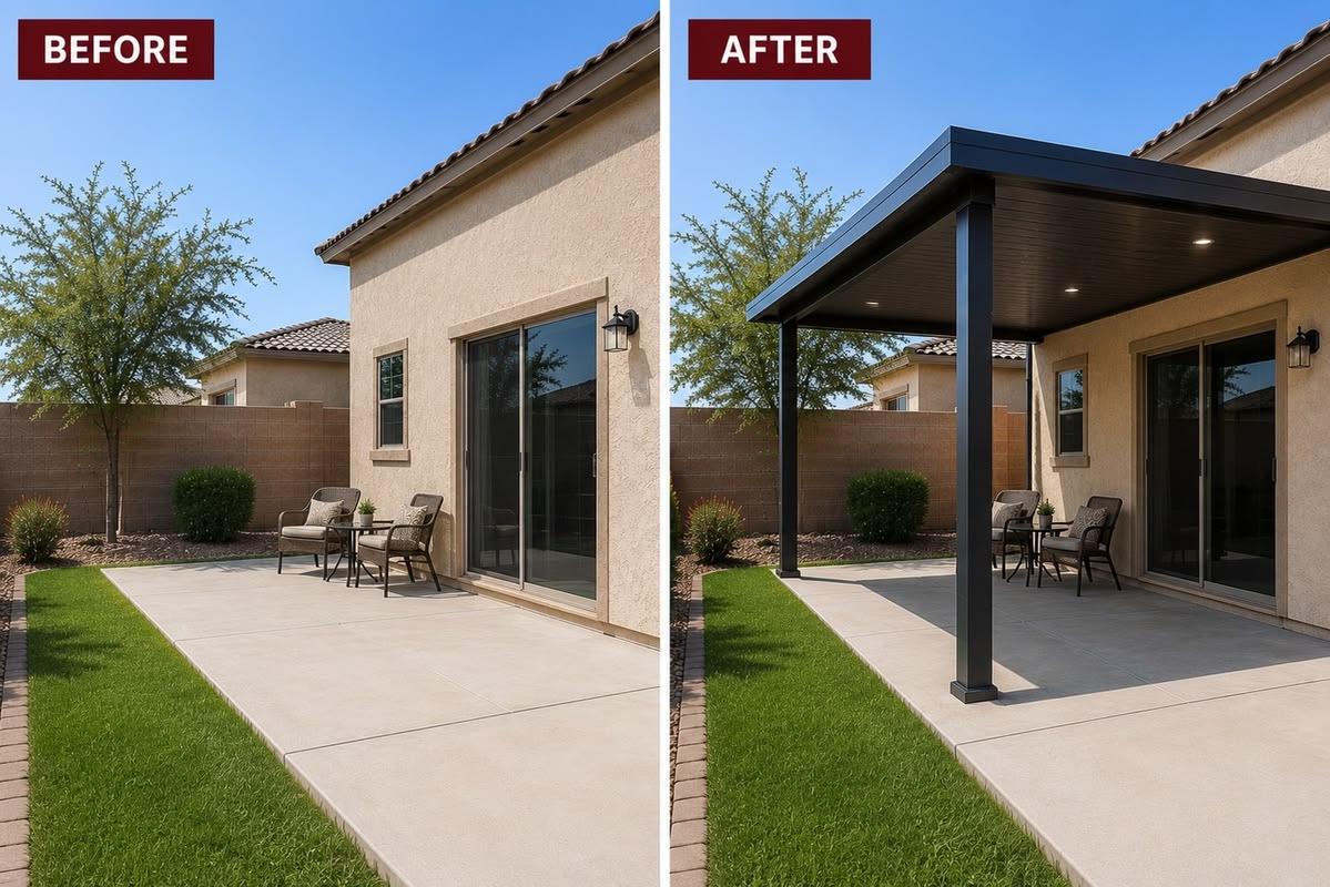 Before and after of a small builder patio extended and covered with insulated aluminum in Round Rock