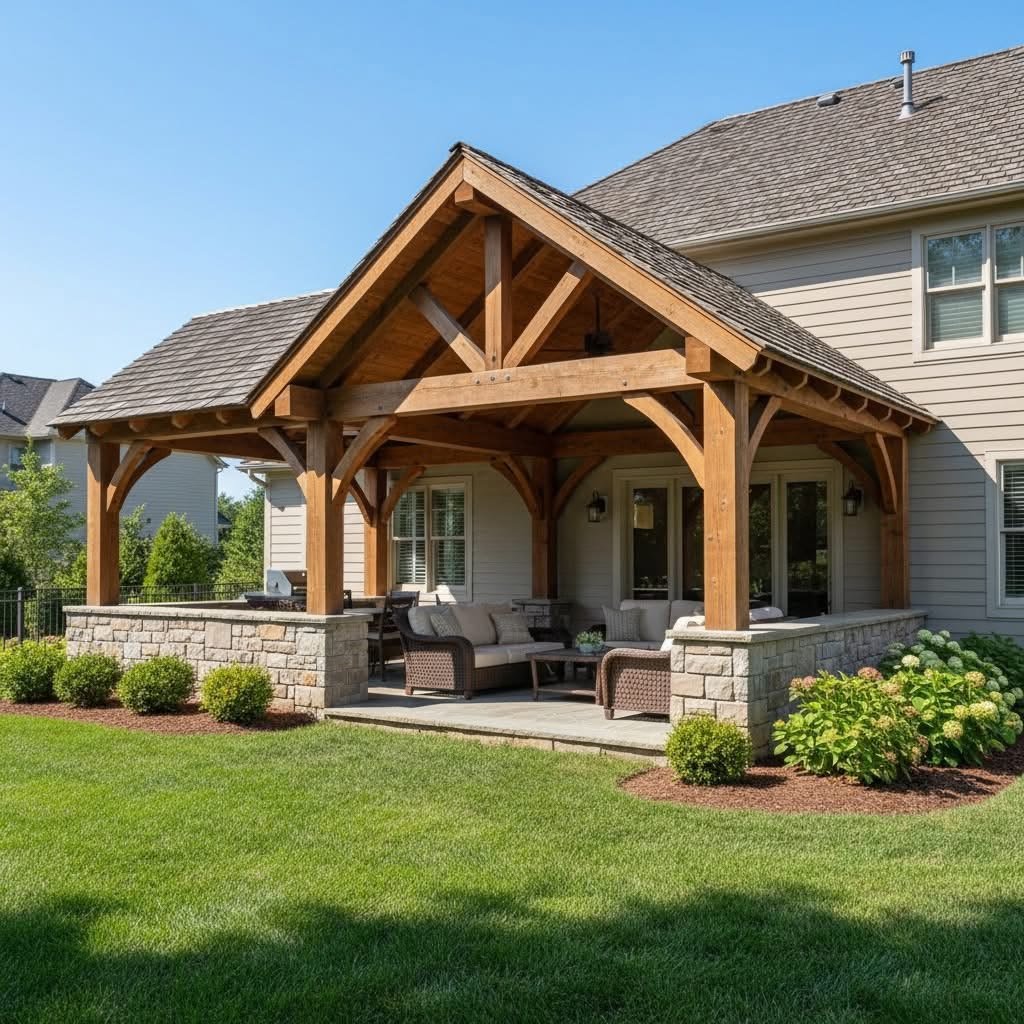 Cedar cover with stone columns and shingle roof, Behrens Ranch, Round Rock