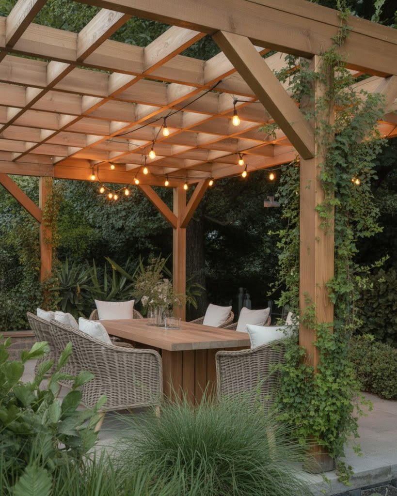 Cedar pergola over an outdoor dining table in a Brushy Creek backyard