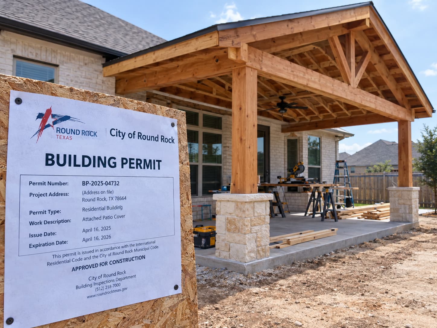 City of Round Rock building permit posted at a patio cover job site