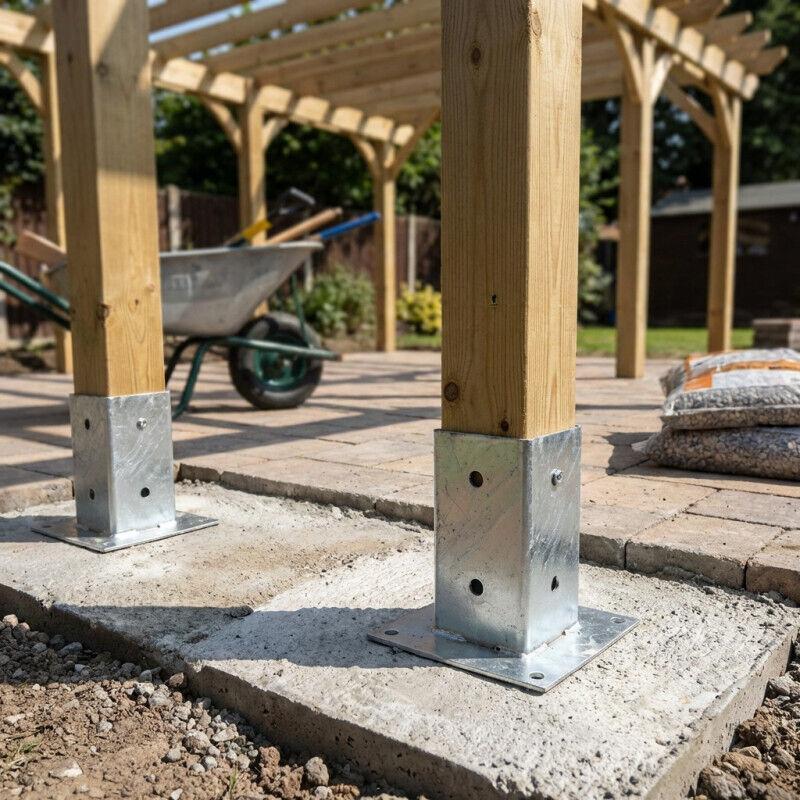 Concrete footing and steel post base for a freestanding pergola under construction in Round Rock
