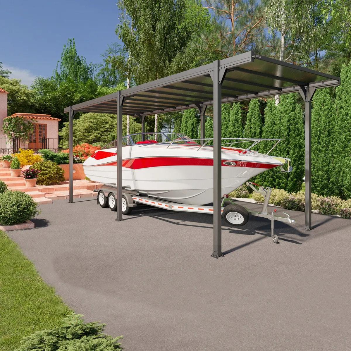 Freestanding carport with extra height for a boat and trailer in a Round Rock driveway