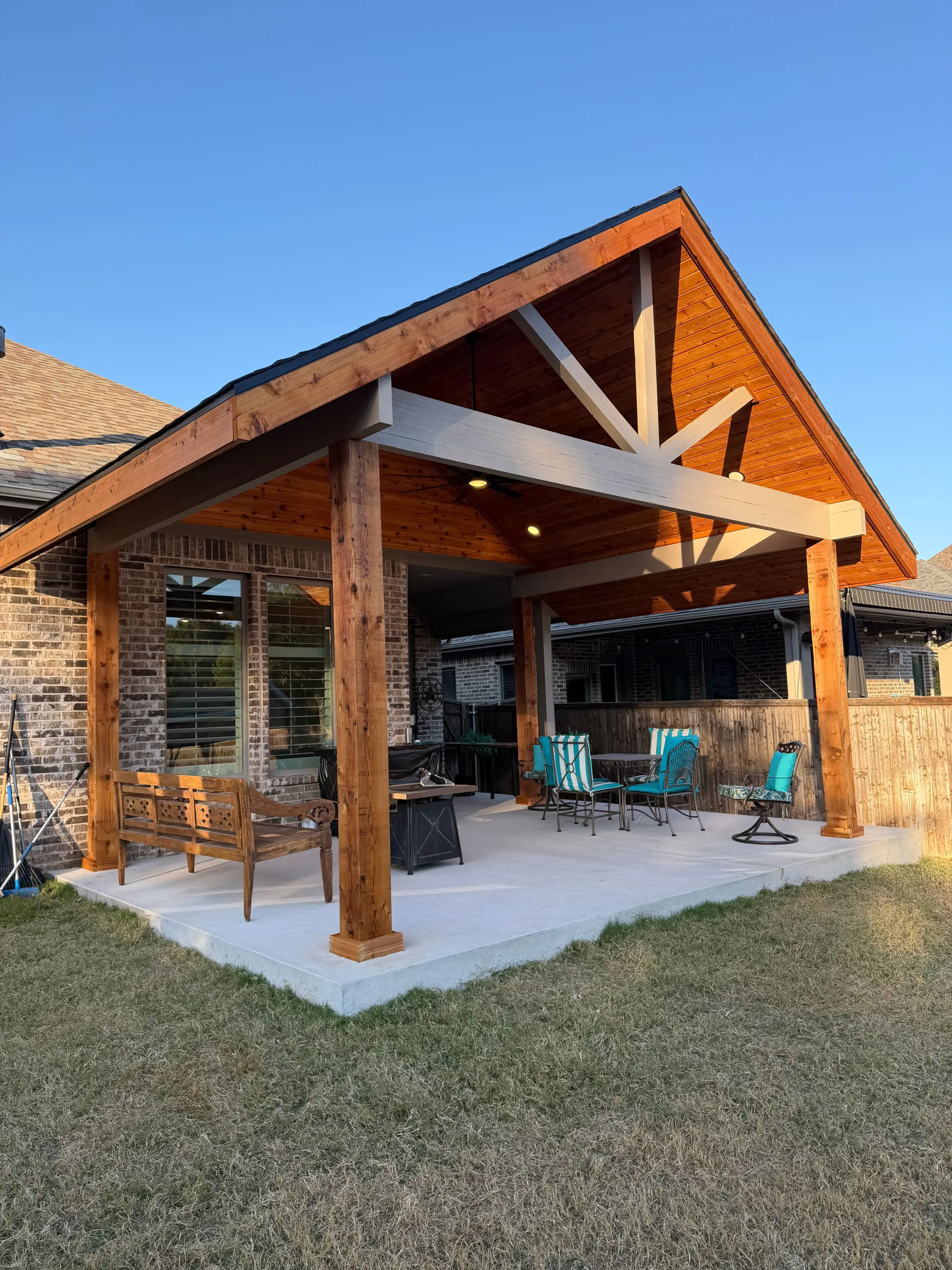 Gable wood patio cover on a home in Star Ranch, Hutto