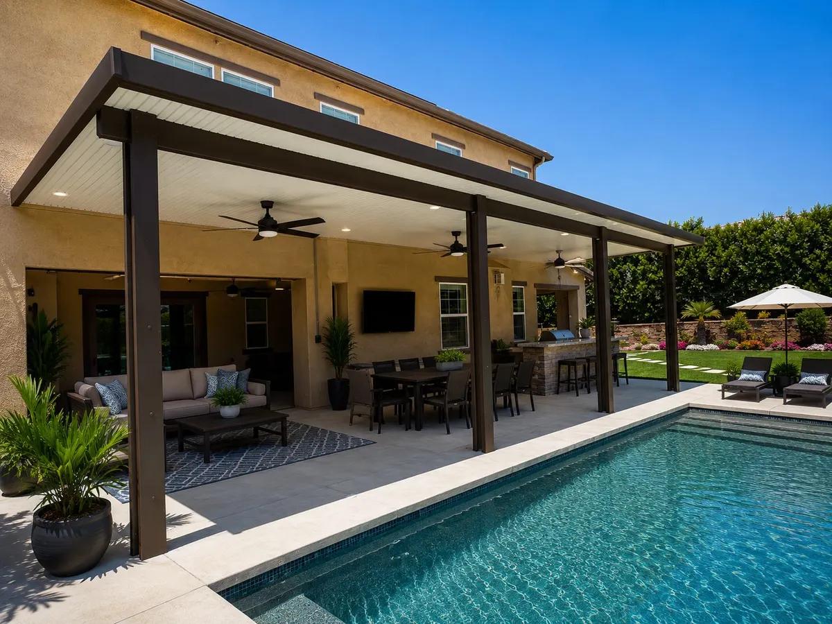 Insulated aluminum patio cover in a cedar wood-grain finish with two ceiling fans on a two-story Round Rock home