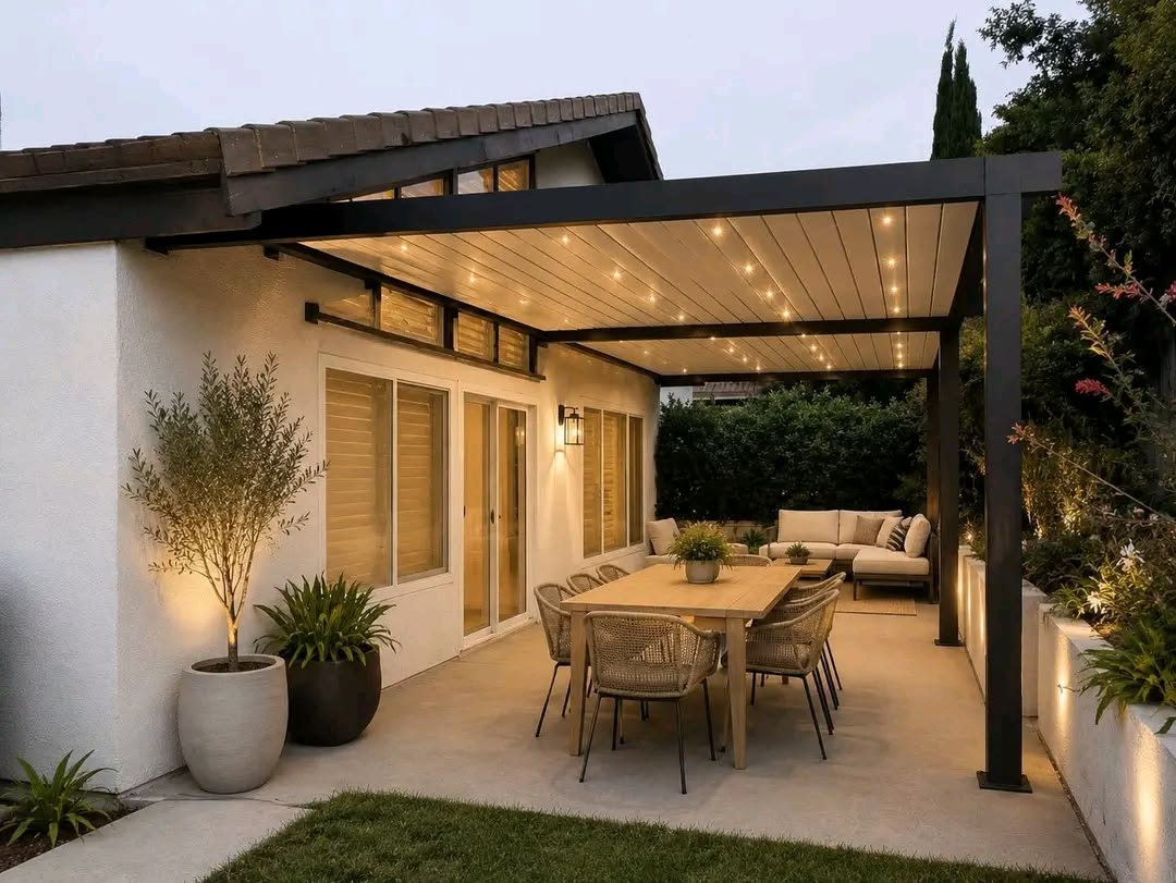 Insulated aluminum patio cover with lighting on a North Austin home in Wells Branch