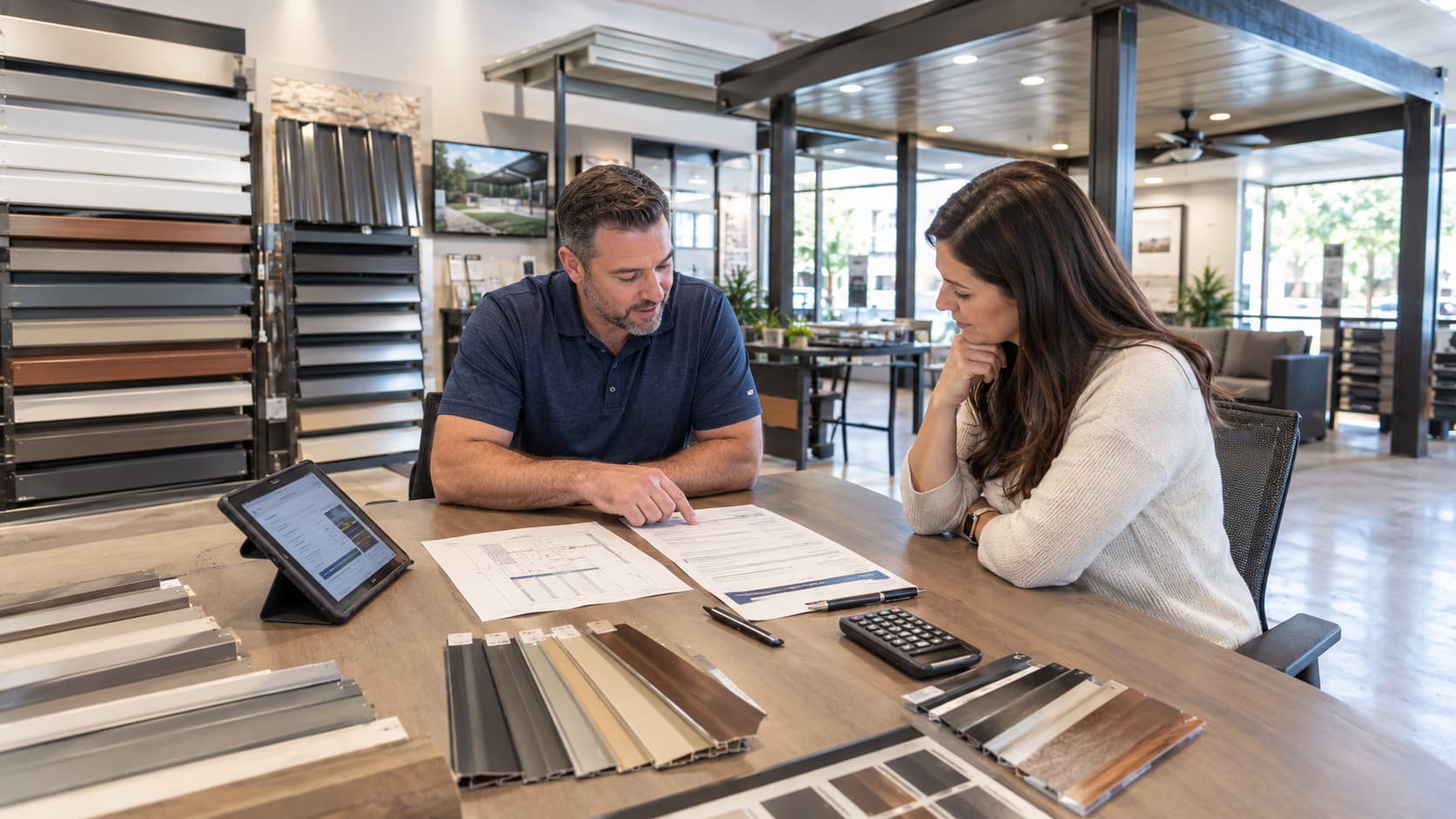 Homeowner reviewing a patio cover quote and payment options at the A1 Round Rock shop