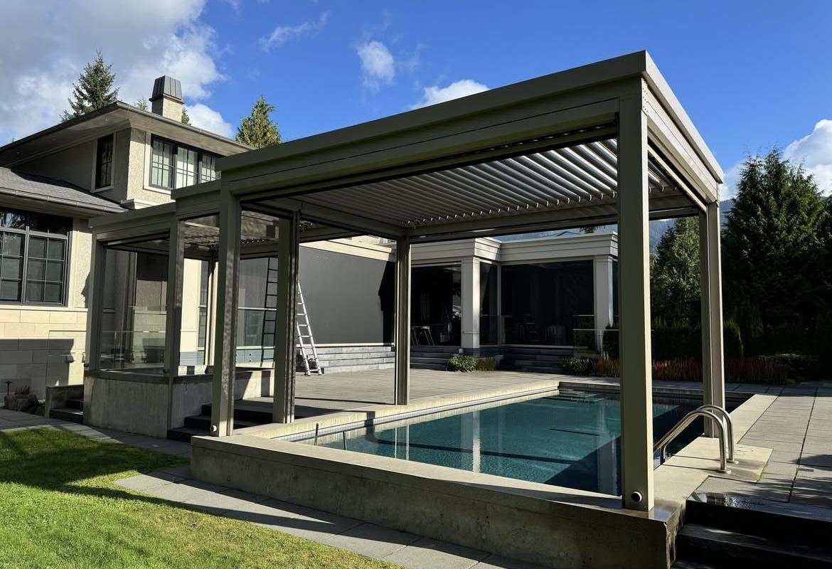 Motorized louvered pergola over pool deck, Crystal Falls, Leander