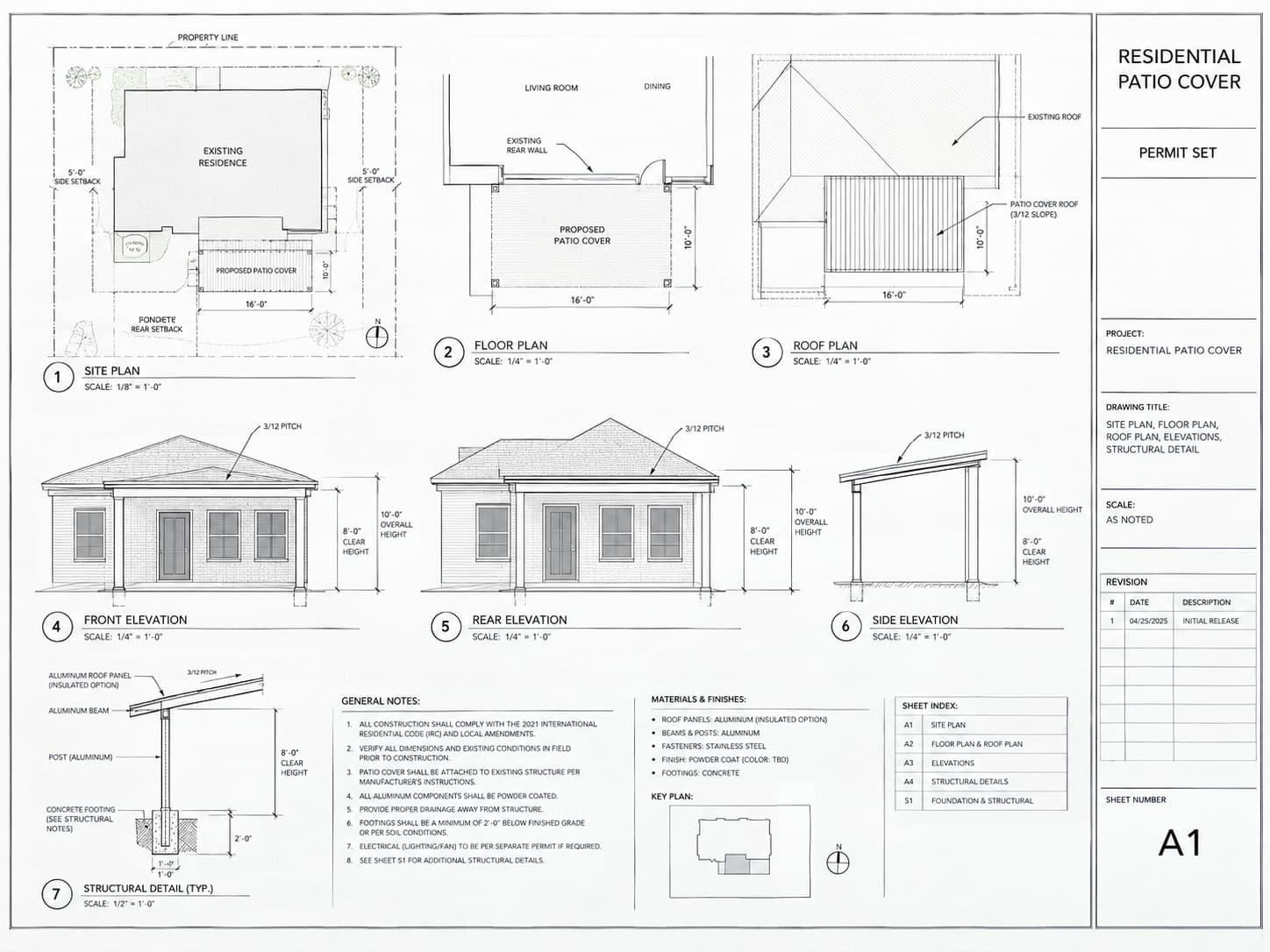 Patio cover drawings prepared for a City of Austin building permit