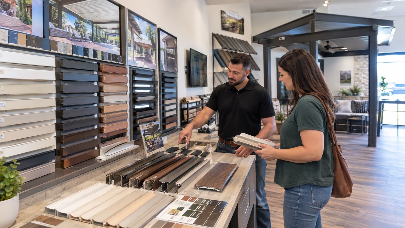 Patio cover finish samples on display at the A1 Round Rock shop on South Mays Street