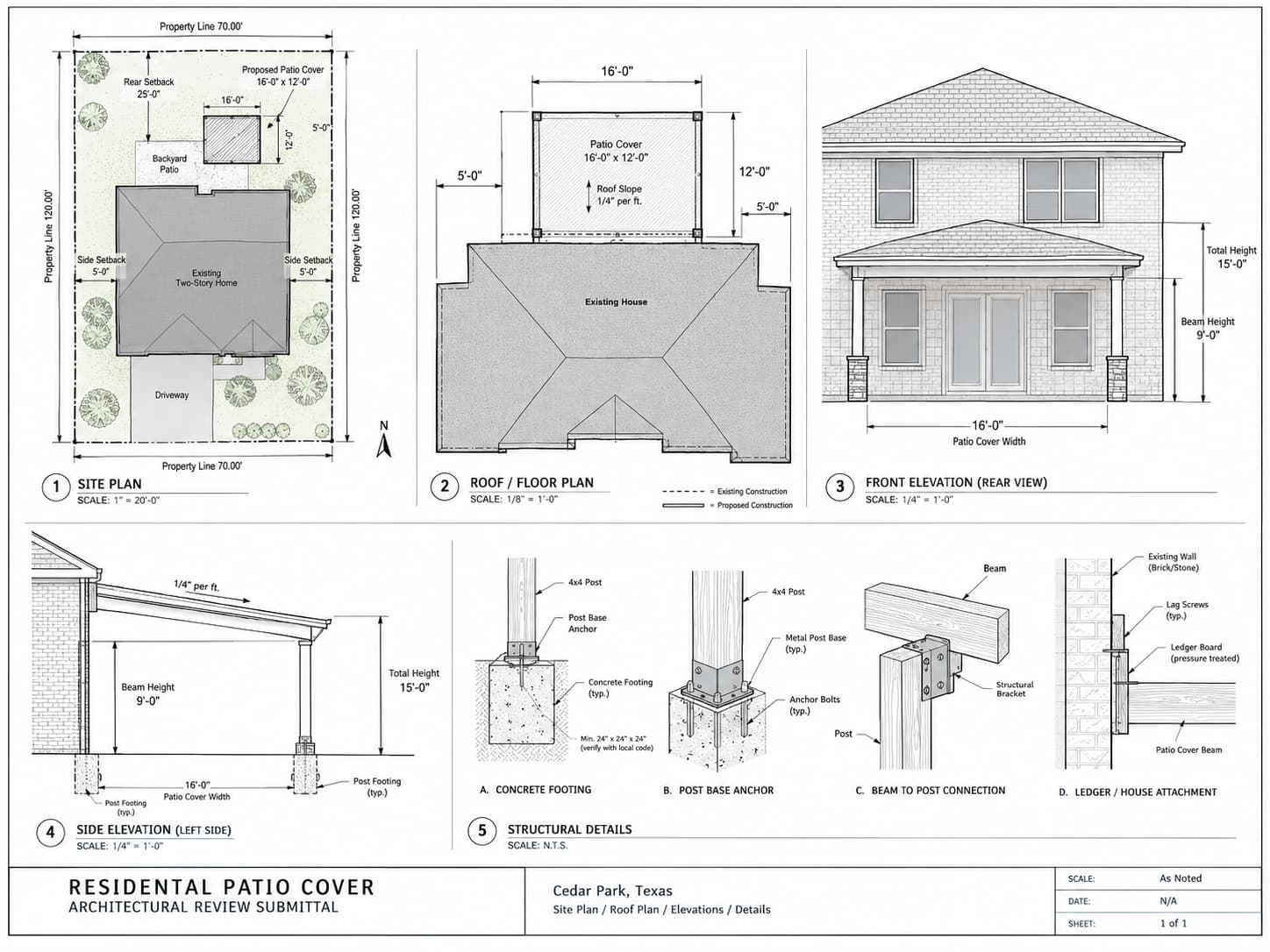Site plan and elevation drawings for a Cedar Park patio cover HOA submission