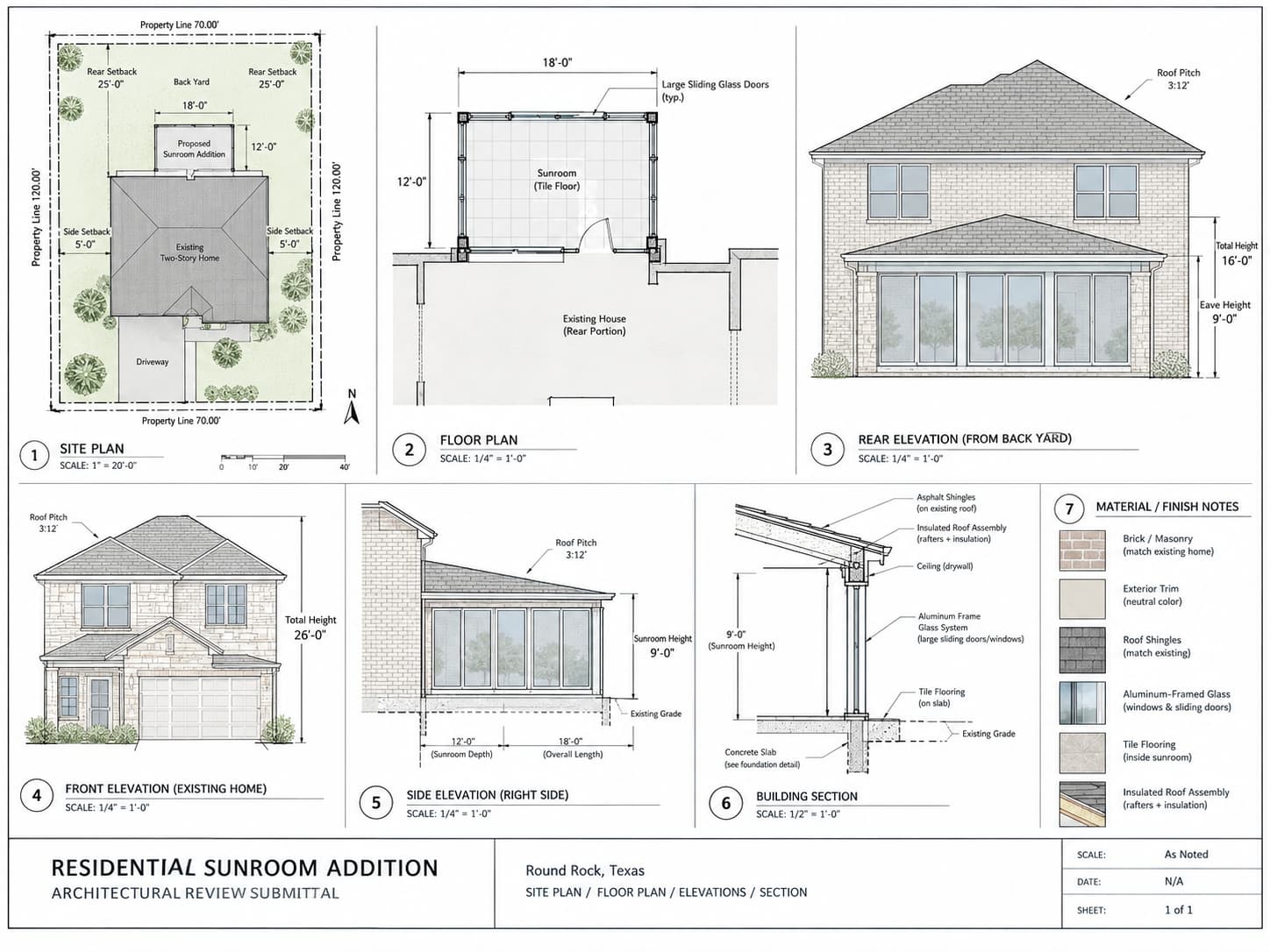 Sunroom addition drawings prepared for a Round Rock HOA submission